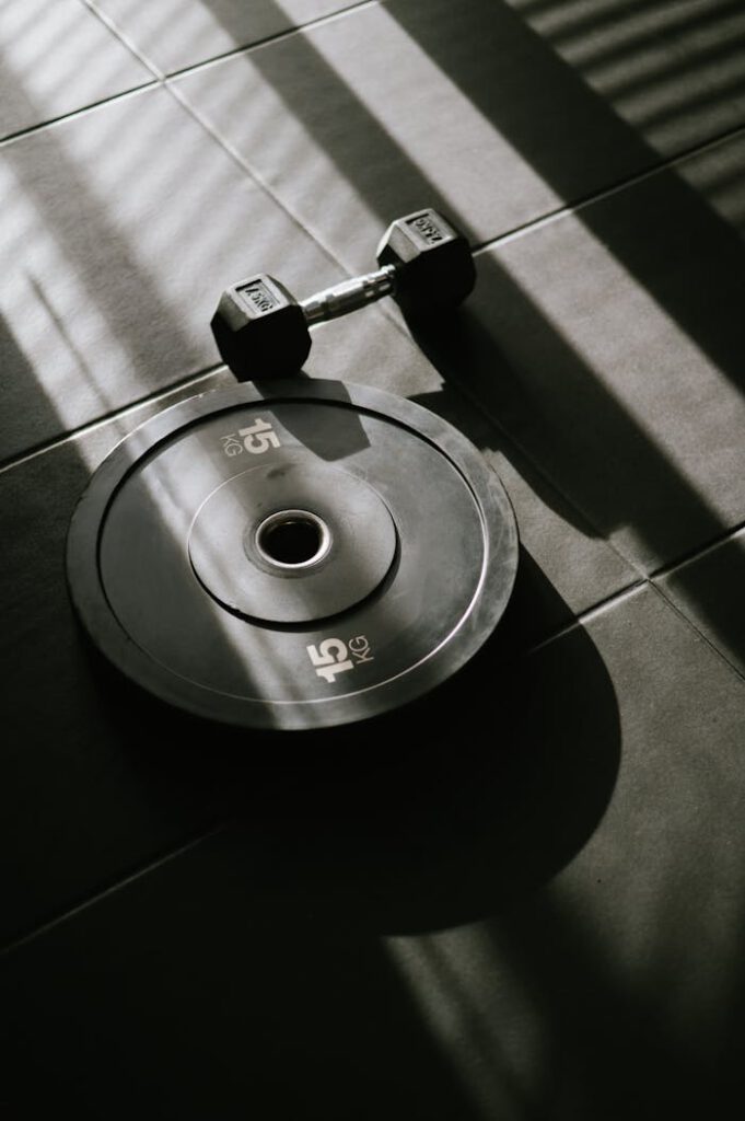 A dumbbell and 15kg weight plate on a gym floor, highlighted by sunlight shadows.